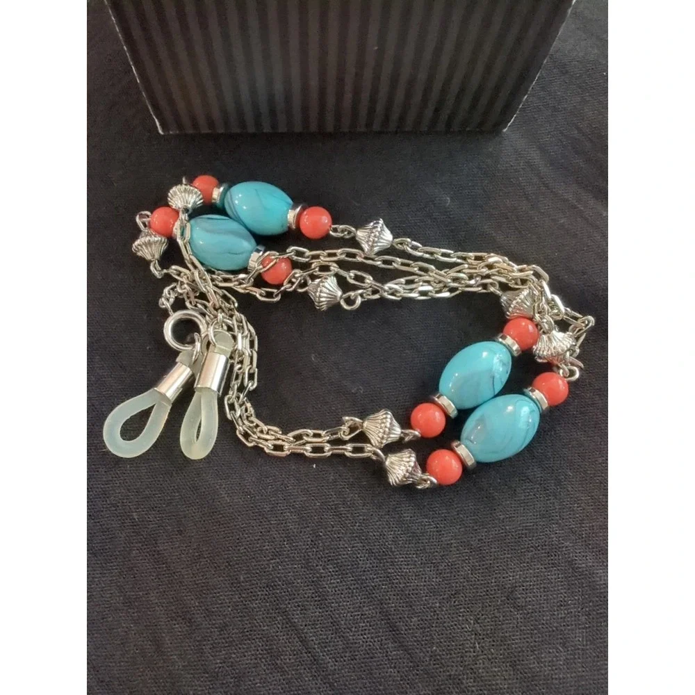 Vintage Avon Optical Necklace Silverstone With Teal And Red Beads‎